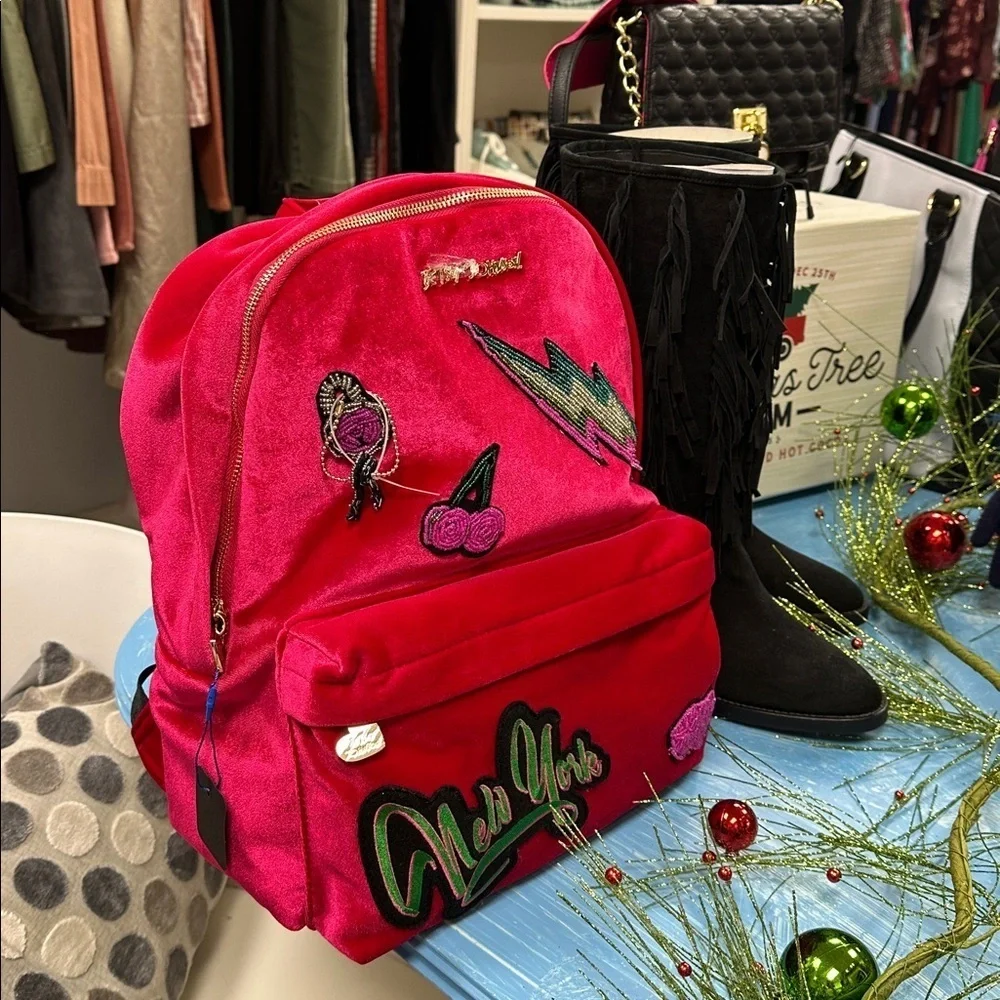 Betsey Johnson Pink Velvet Patch Backpack
